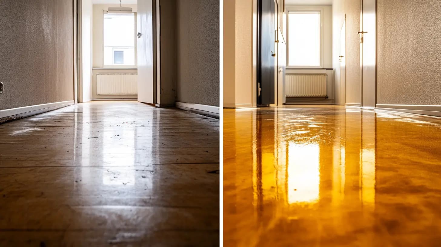 Lattian vahaus ennen ja jälkeen — kulunut lattia vs. kiiltävä vahattu lattia